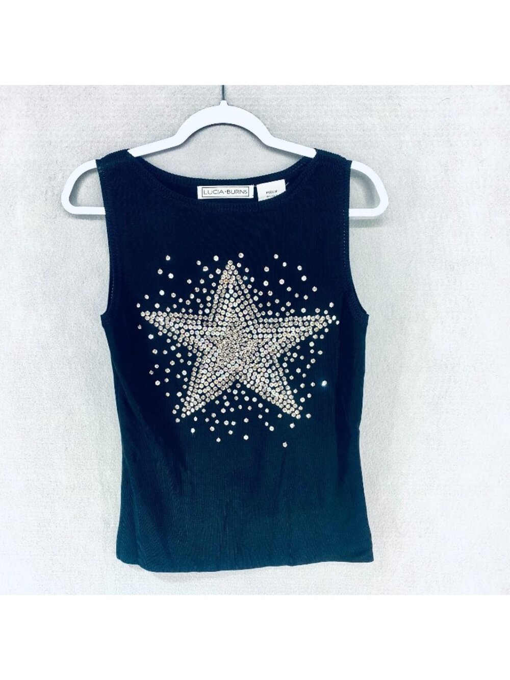 Vintage Lucia Burns Tank Top Womens M Black Stretch Blouse Sequins Star Retro